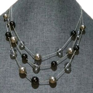 Layered faux Pearl silver black clear chain necklace